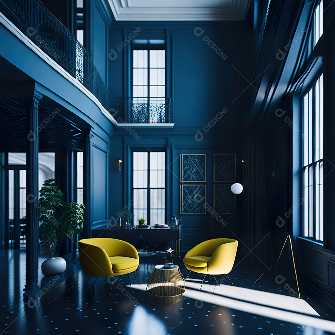 Retrato de Sala azul com dourado