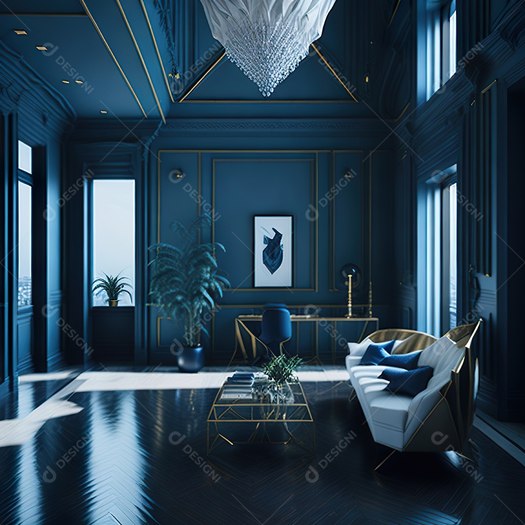 Retrato de Sala azul com dourado