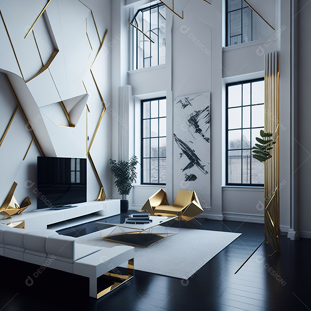 Retrato de sala de estar dourada com branco