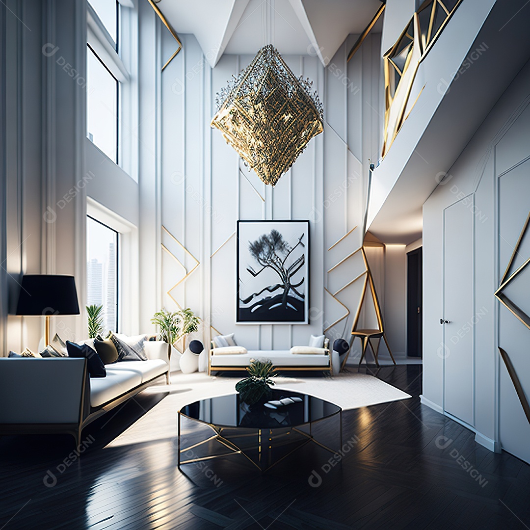 Retrato de sala de estar dourada com branco