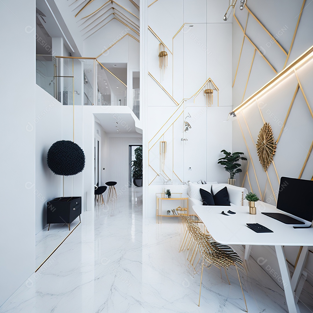 Retrato de sala de estar dourada com branco