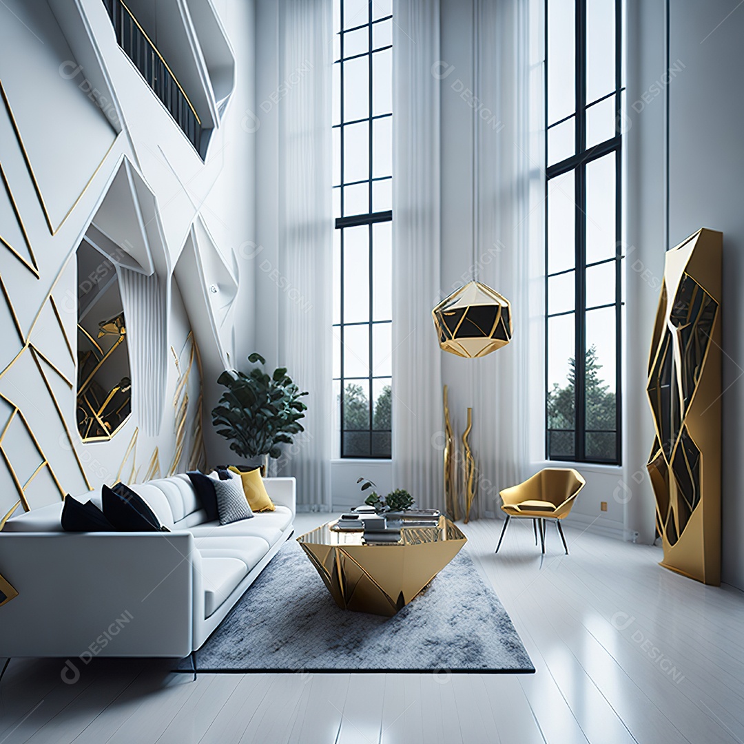 Retrato de sala de estar dourada com branco