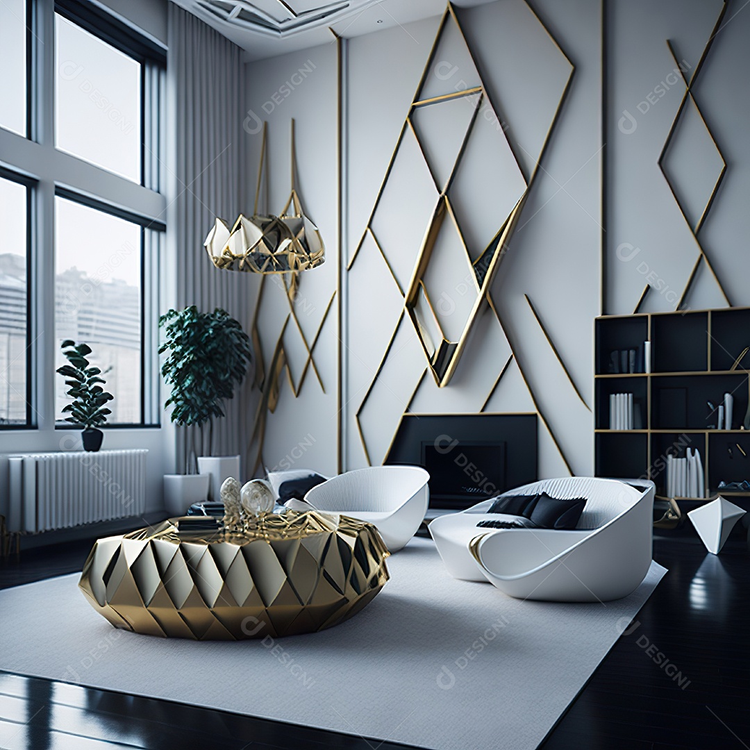 Retrato de sala de estar dourada com branco