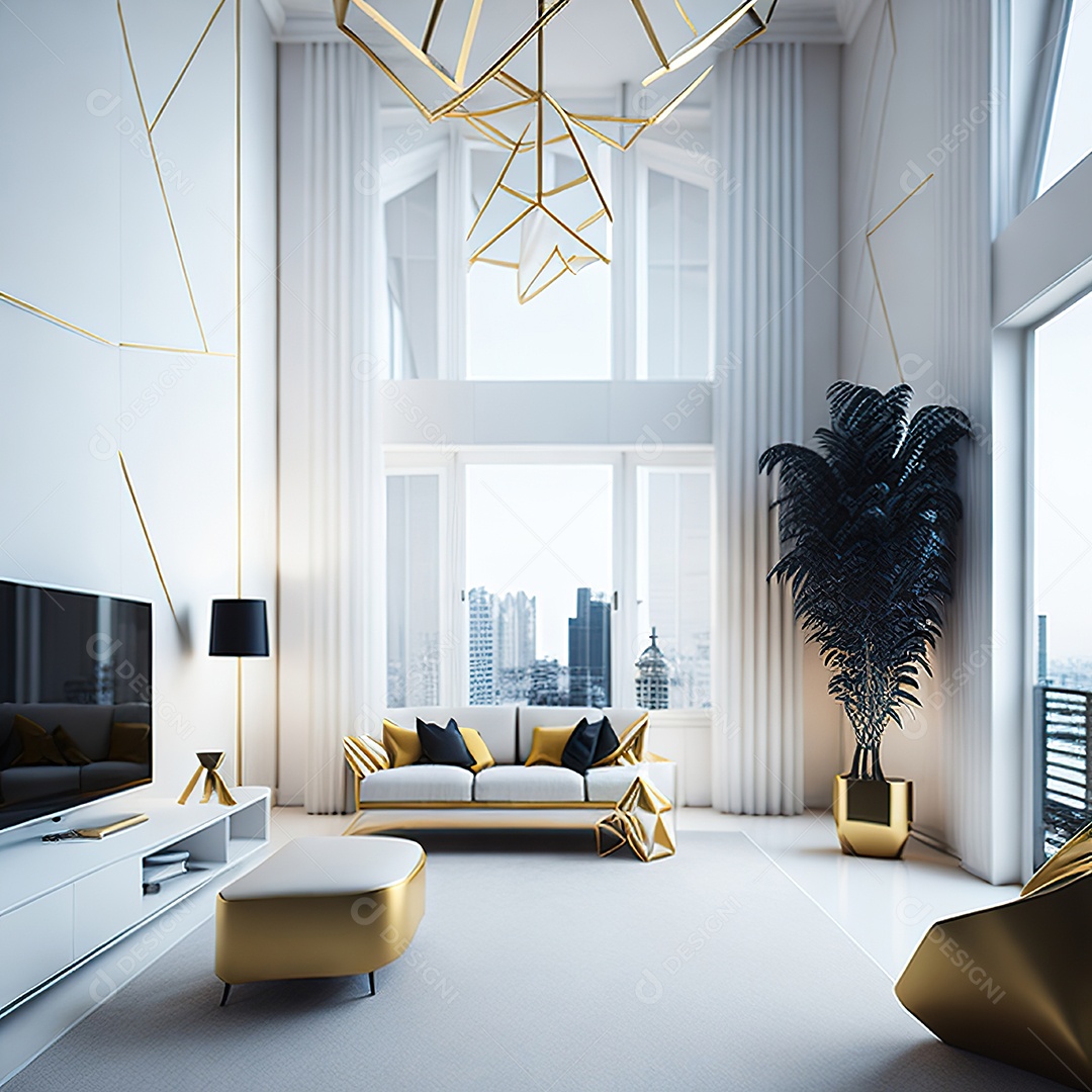 Retrato de sala de estar dourada com branco