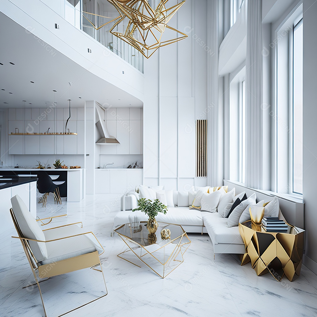 Retrato de sala de estar dourada com branco