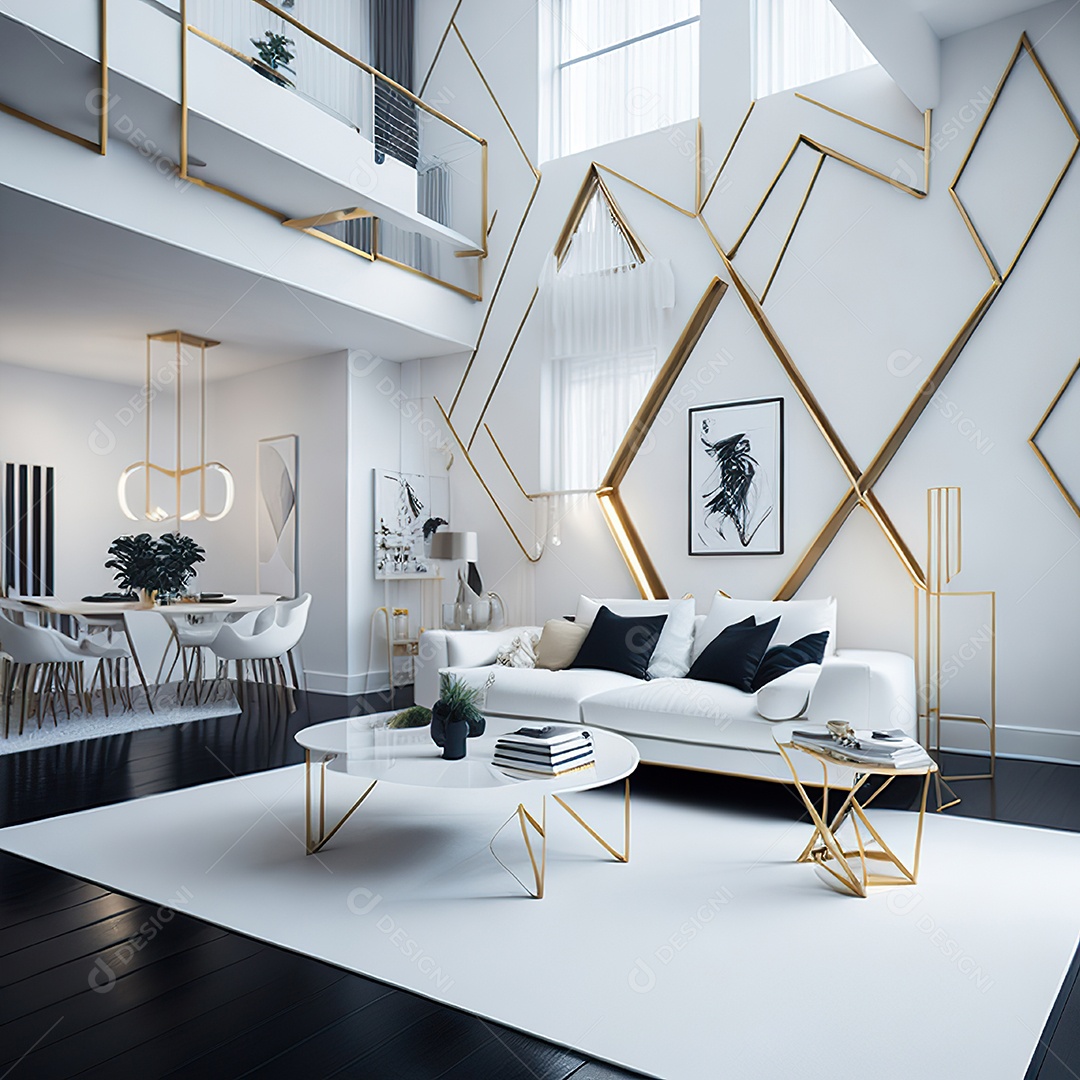 Retrato de sala de estar dourada com branco