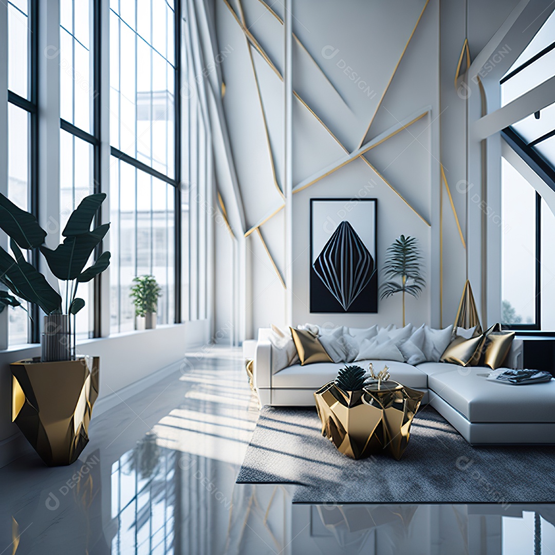 Retrato de sala de estar dourada com branco