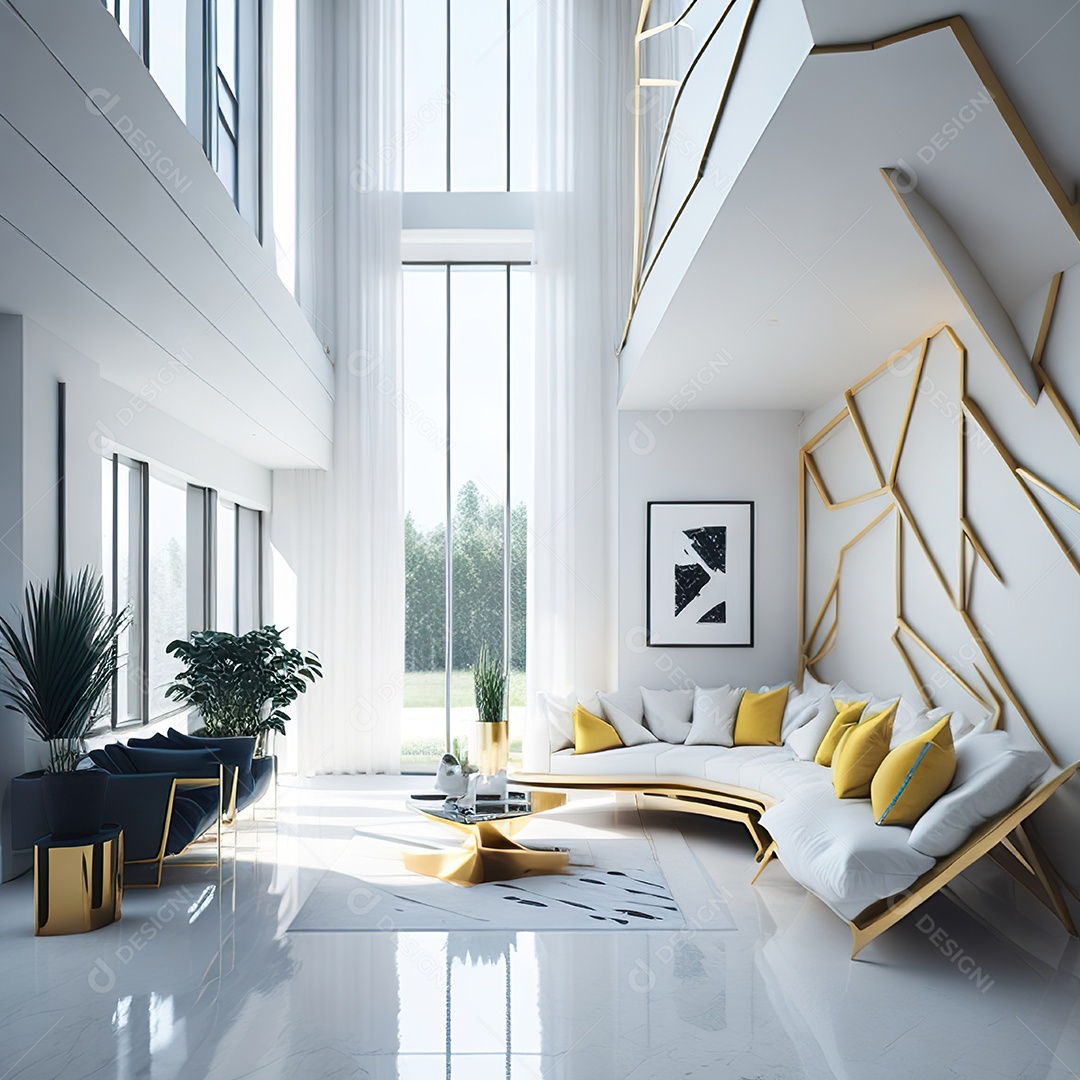 Retrato de sala de estar dourada com branco