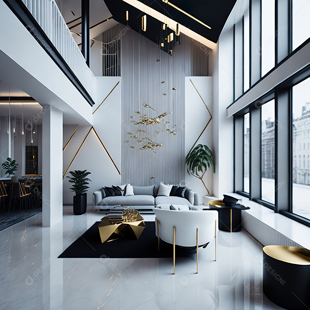 Retrato de sala de estar dourada com branco