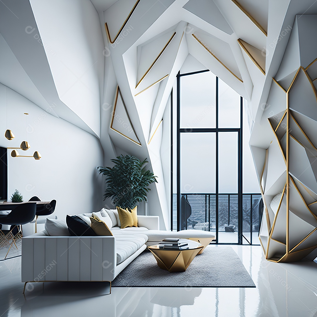 Retrato de sala de estar dourada com branco