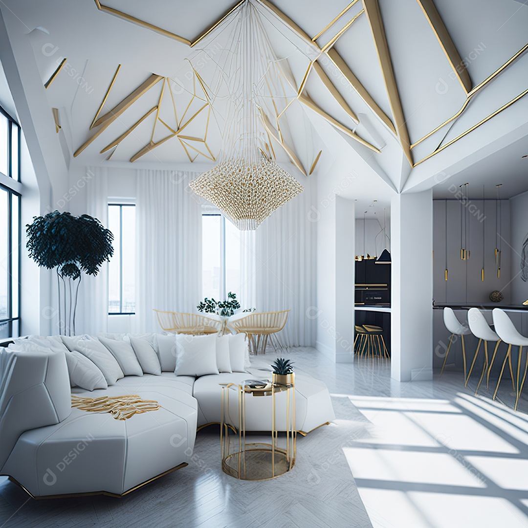 Retrato de sala de estar dourada com branco