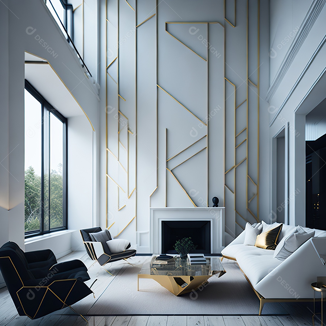 Retrato de sala de estar dourada com branco