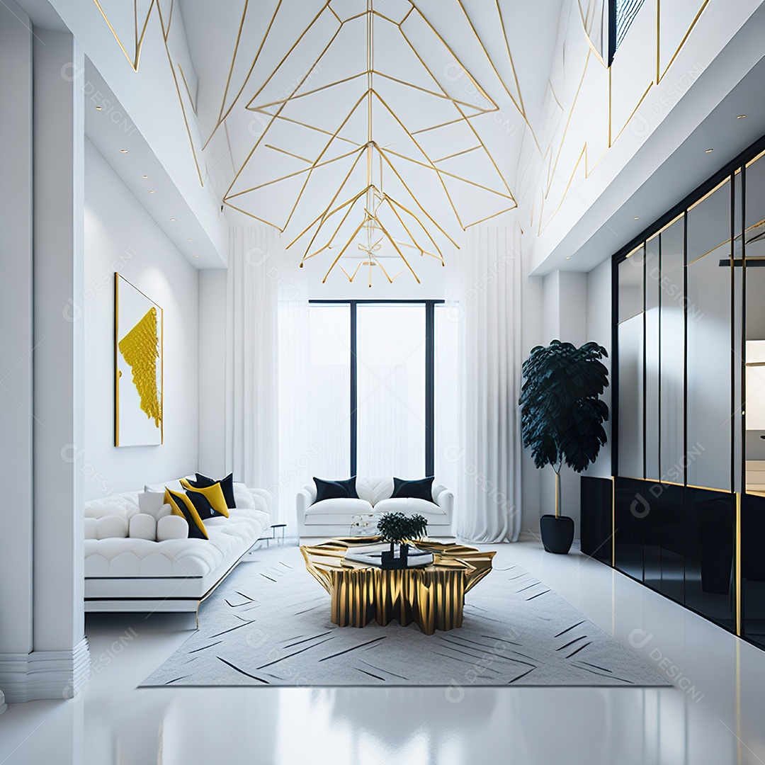 Retrato de sala de estar dourada com branco