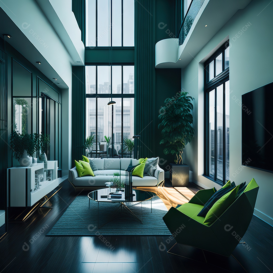 Retrato realista de Sala de estar verde dourado