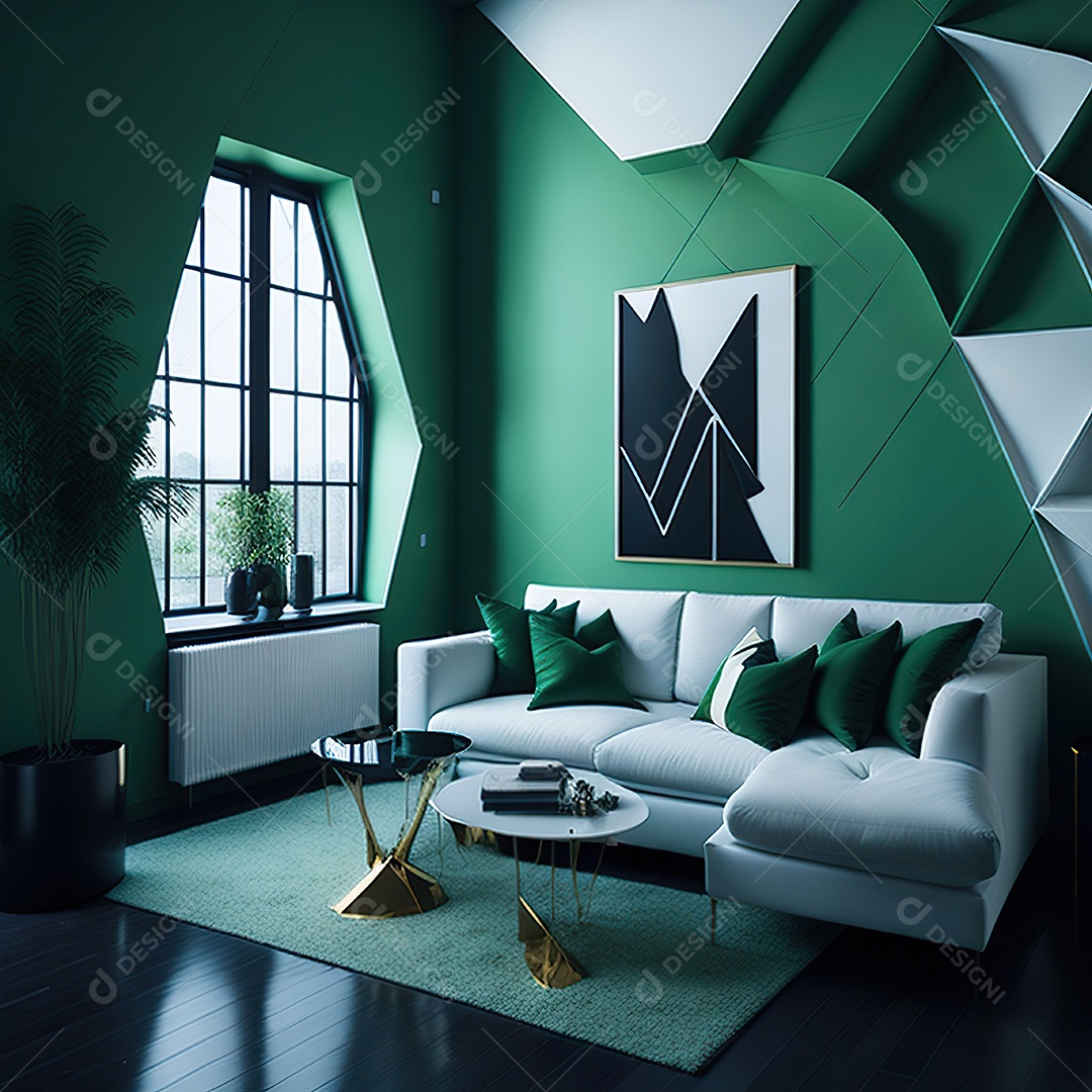 Retrato realista de Sala de estar verde dourado