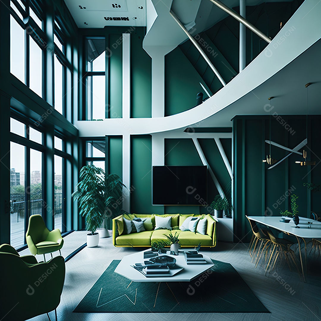 Retrato realista de Sala de estar verde dourado