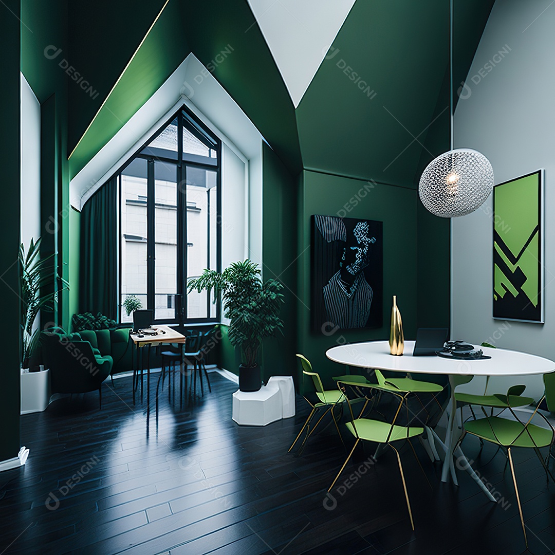 Retrato realista de Sala de estar verde dourado