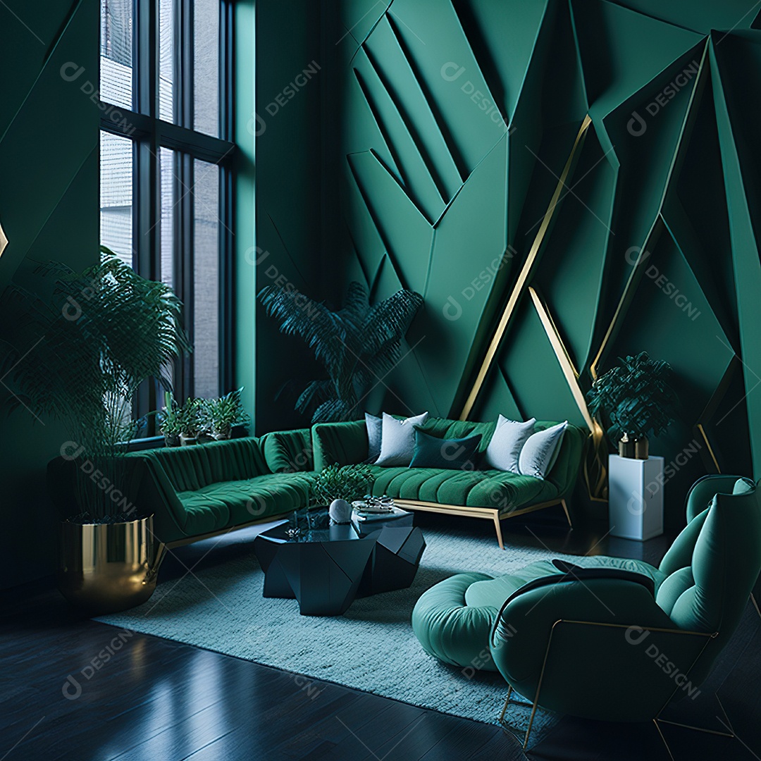 Retrato realista de Sala de estar verde dourado