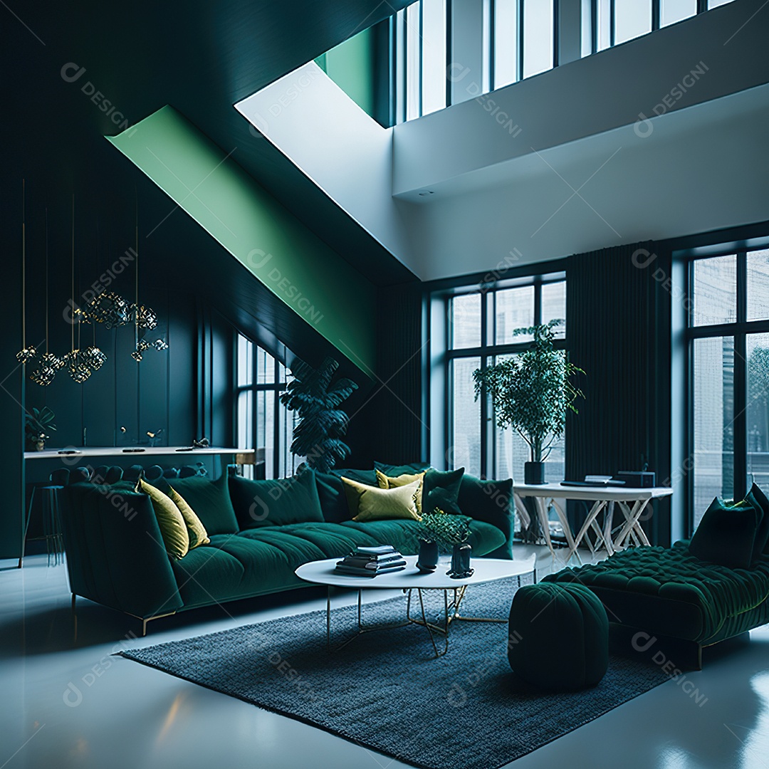 Retrato realista de Sala de estar verde dourado