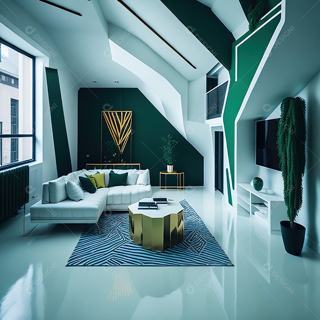 Retrato realista de Sala de estar verde dourado