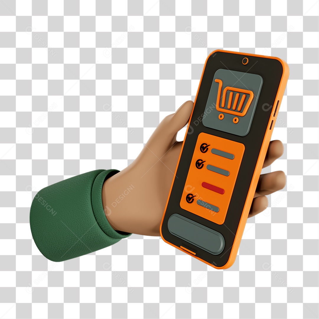 Elemento 3D Mão com Celular com Lista de Compras Composição PNG Transparente