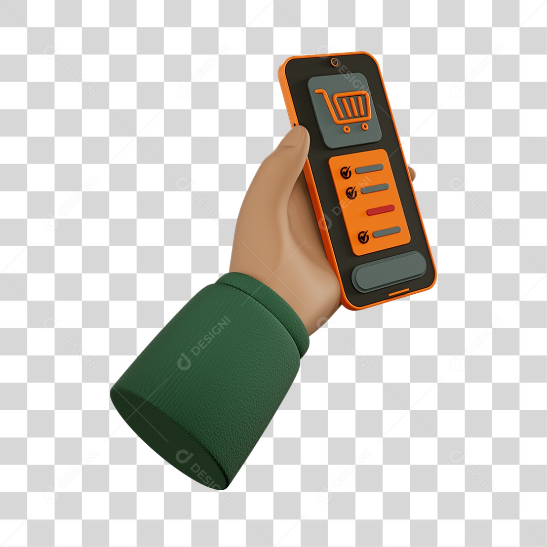 Elemento 3D Mão com Celular com Lista de Compras Composição PNG Transparente
