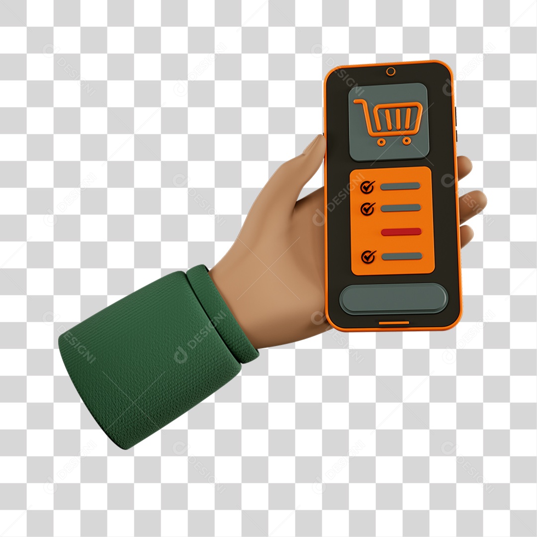 Elemento 3D Mão com Celular com Lista de Compras Composição PNG Transparente