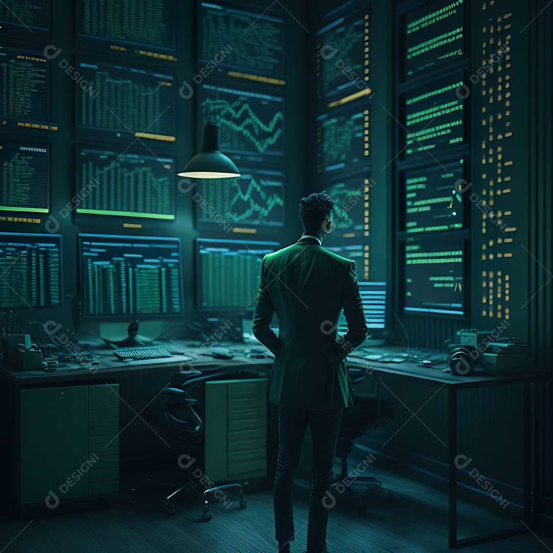 Homem de terno verde analisando bolsa de valores