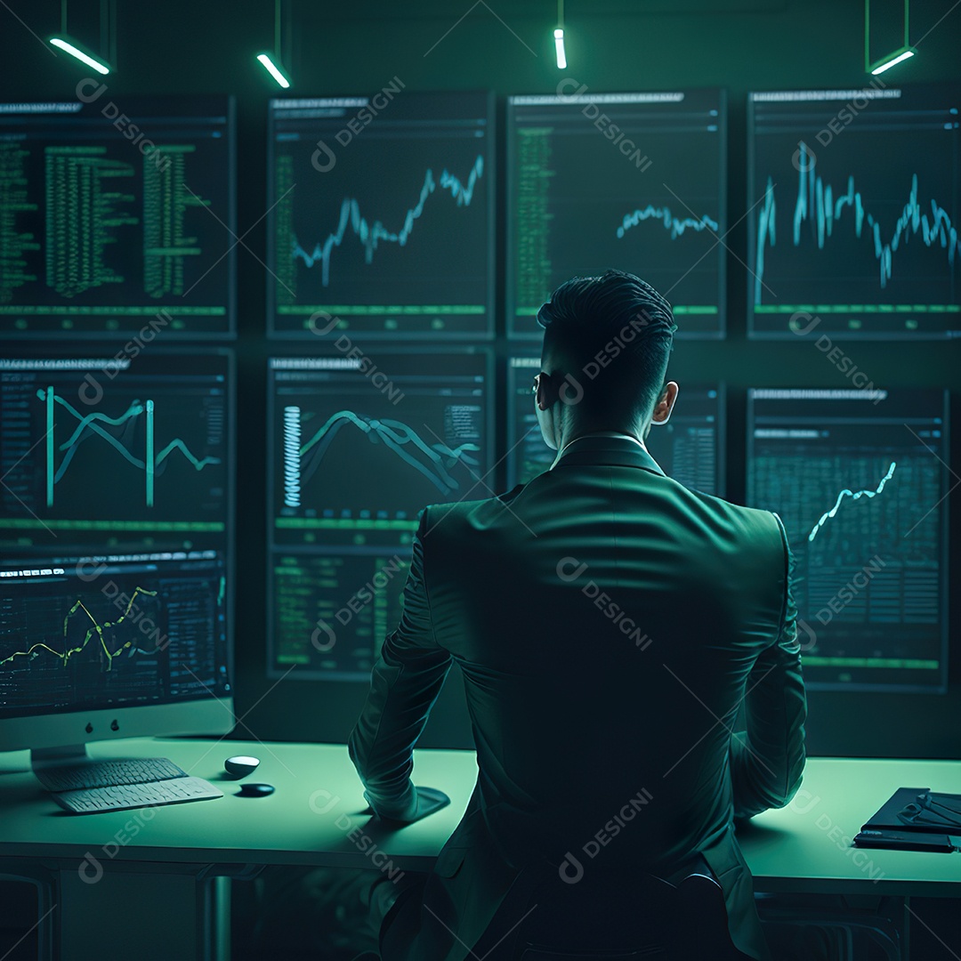 Homem de terno verde analisando bolsa de valores