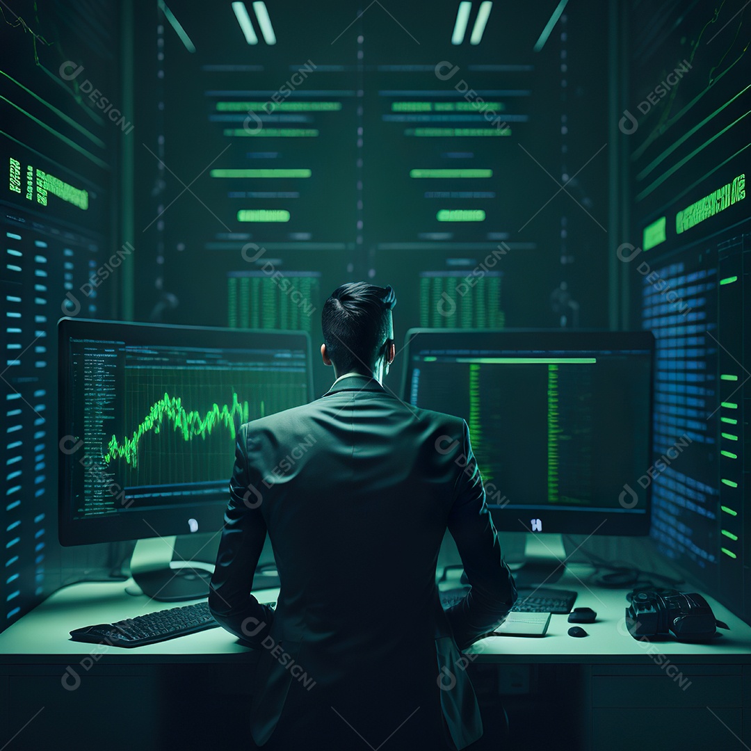 Homem de terno verde analisando bolsa de valores