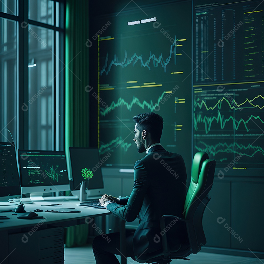 Homem de terno verde analisando bolsa de valores