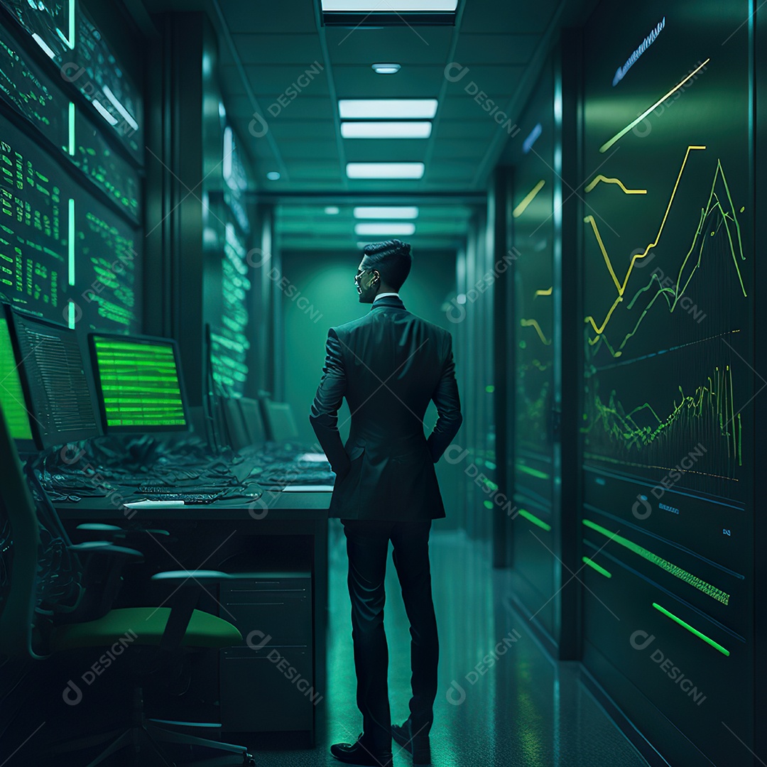 Retrato de realista homem de terno vermelho analisando bolsa de valores