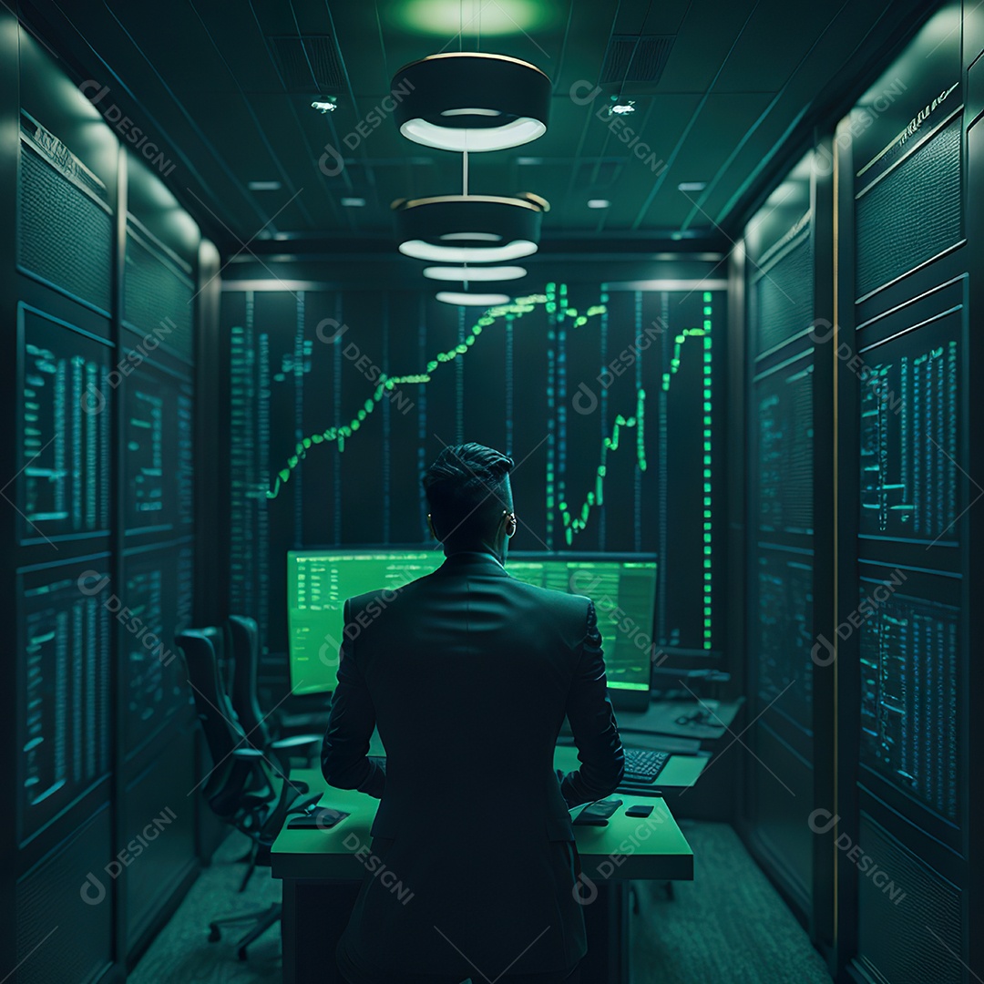 Retrato de realista homem de terno vermelho analisando bolsa de valores