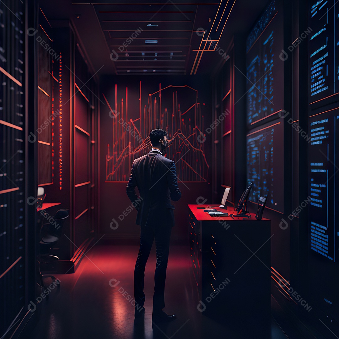 Retrato de realista homem de terno vermelho analisando bolsa de valores