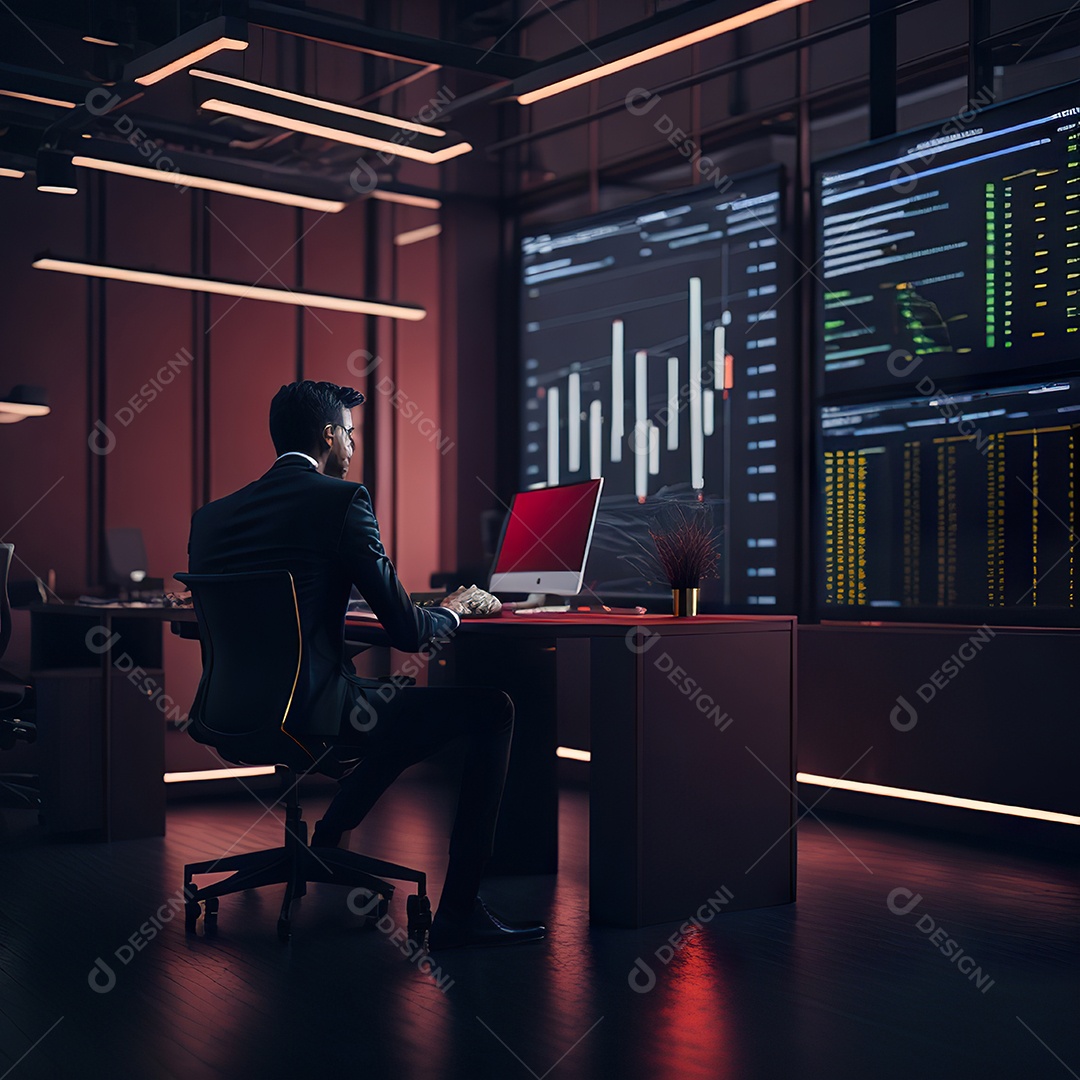 Retrato de realista homem de terno vermelho analisando bolsa de valores