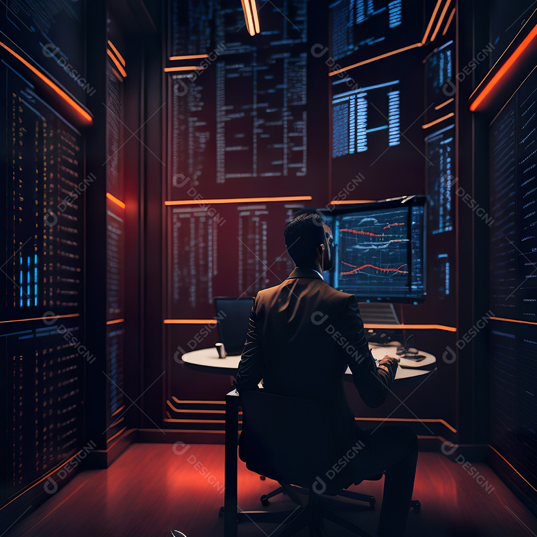 Retrato de realista homem de terno vermelho analisando bolsa de valores