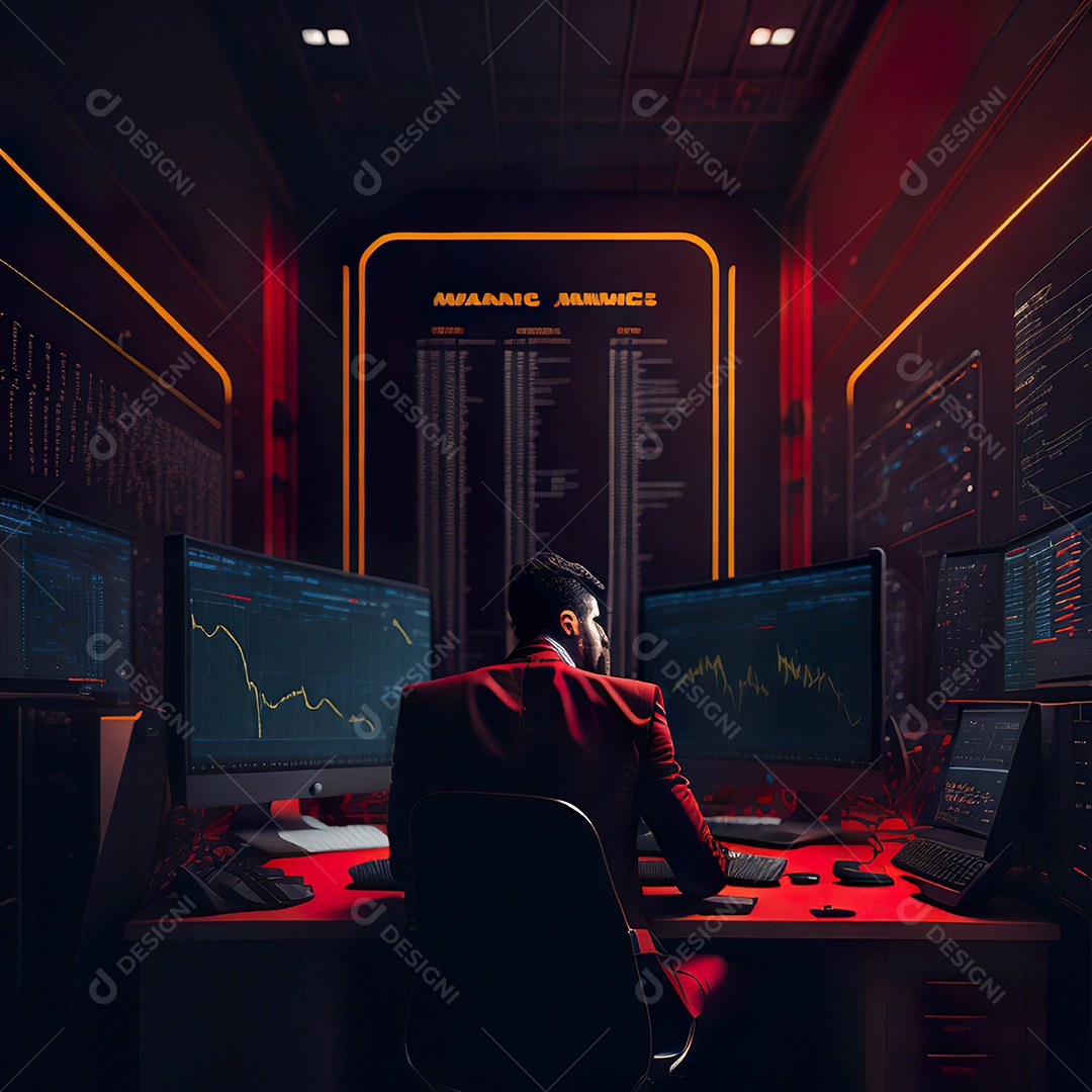 Retrato de realista homem de terno vermelho analisando bolsa de valores