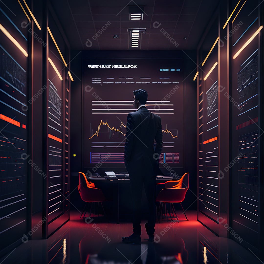 Retrato de realista homem de terno vermelho analisando bolsa de valores