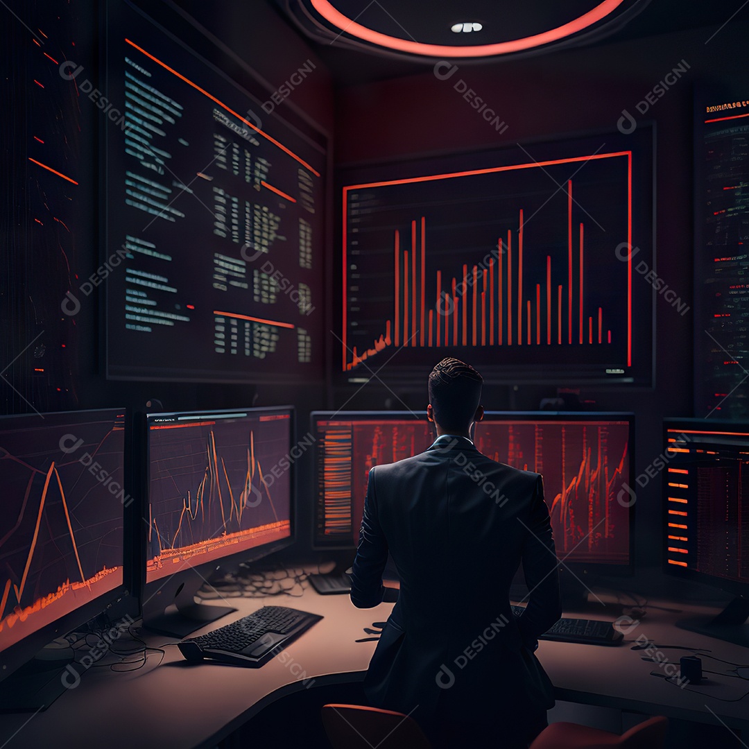 Retrato de realista homem de terno vermelho analisando bolsa de valores