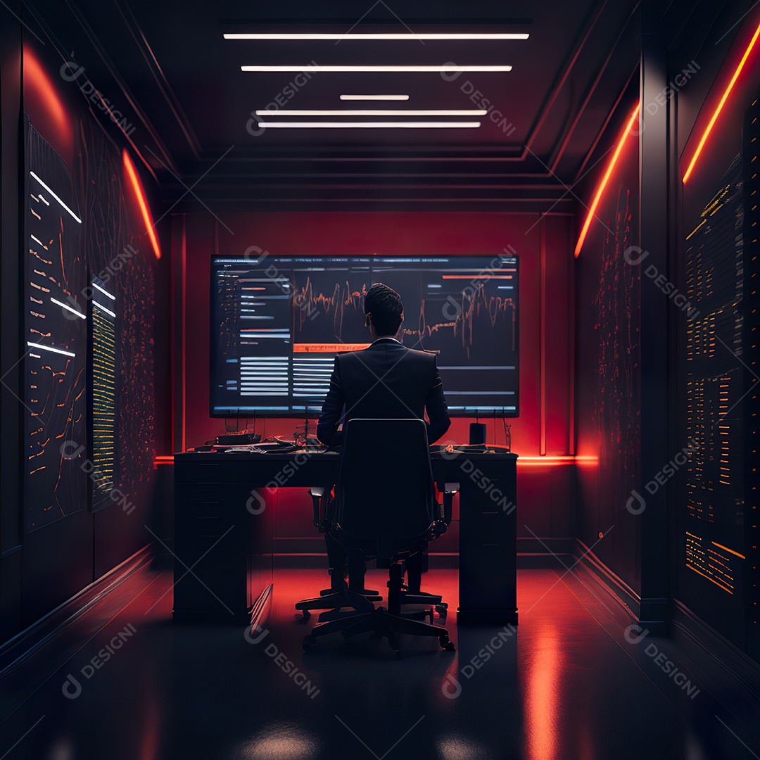 Retrato de realista homem de terno vermelho analisando bolsa de valores