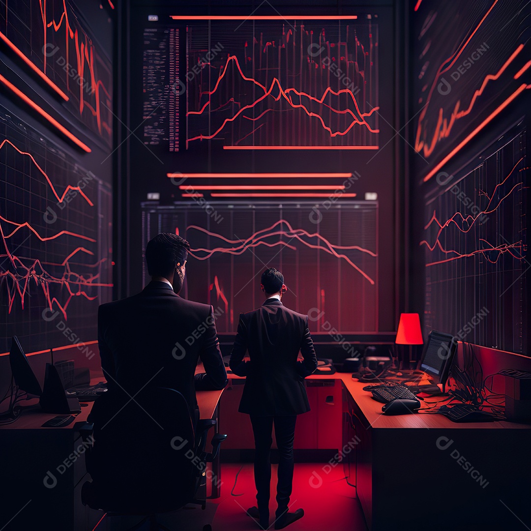 Retrato de realista homem de terno vermelho analisando bolsa de valores