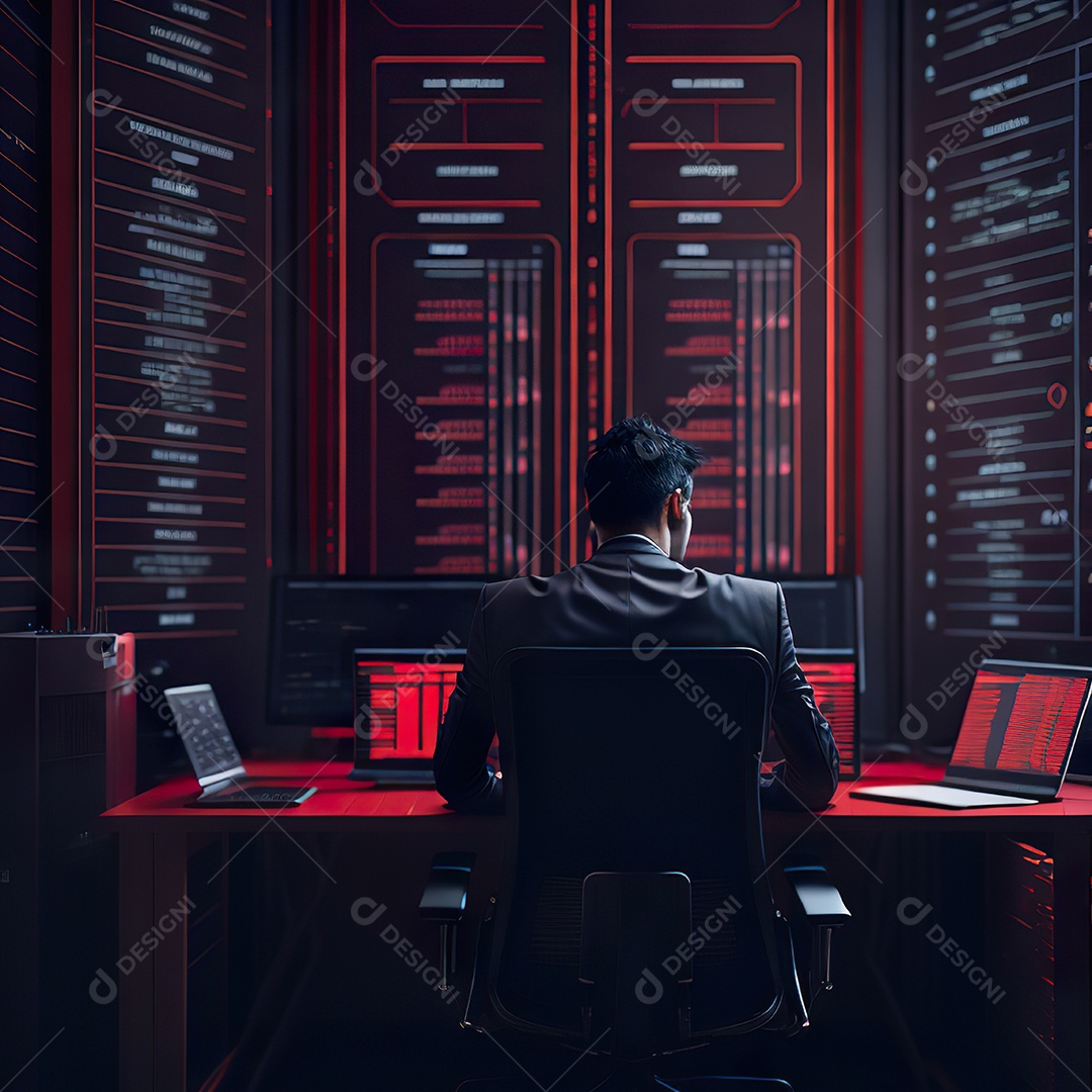 Retrato de realista homem de terno vermelho analisando bolsa de valores