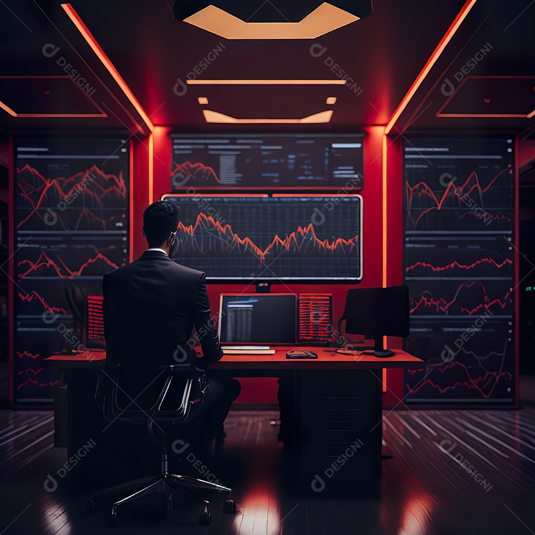 Retrato de realista homem de terno vermelho analisando bolsa de valores