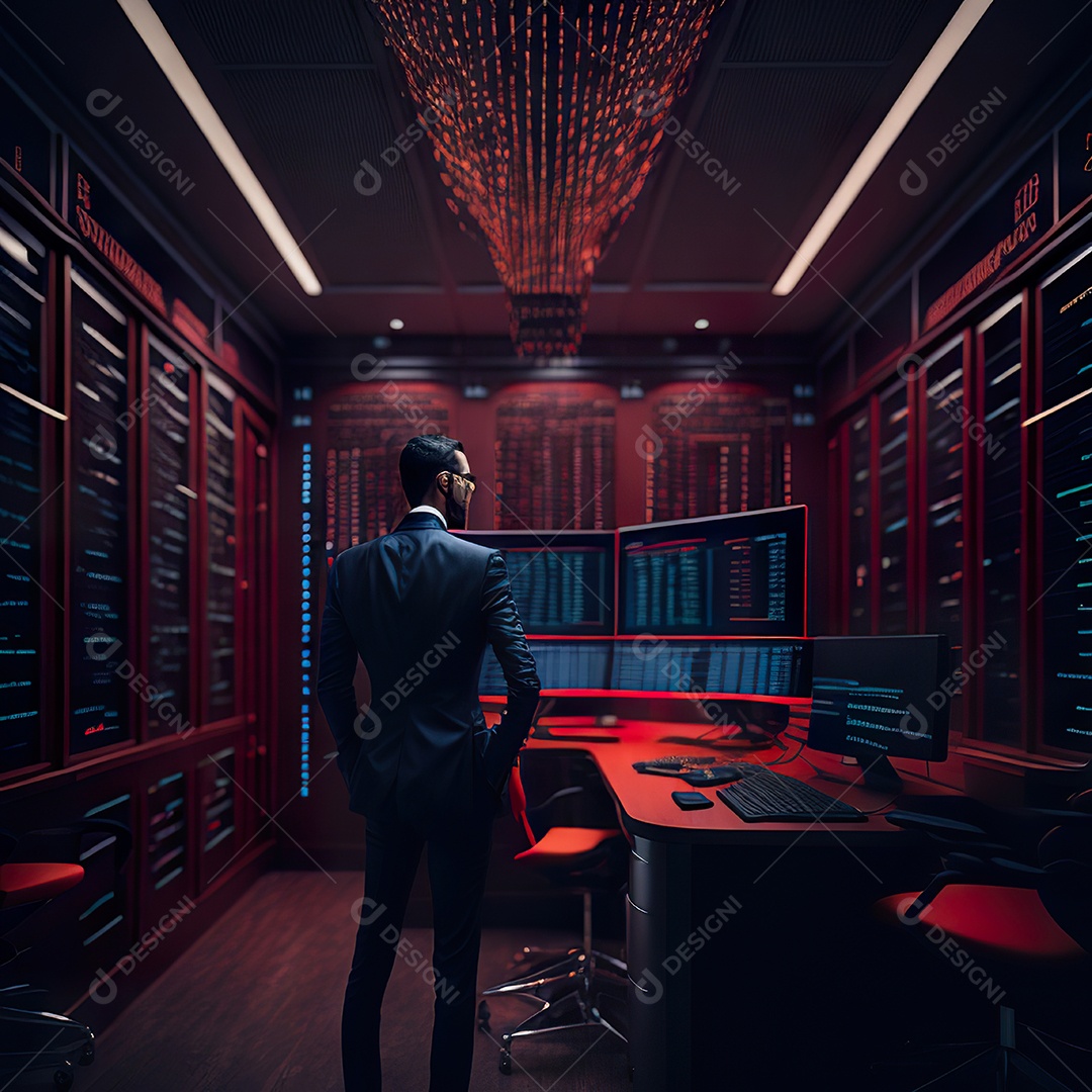 Retrato de realista homem de terno vermelho analisando bolsa de valores