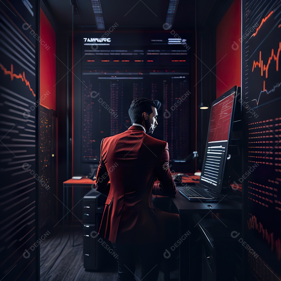 Retrato de realista homem de terno vermelho analisando bolsa de valores