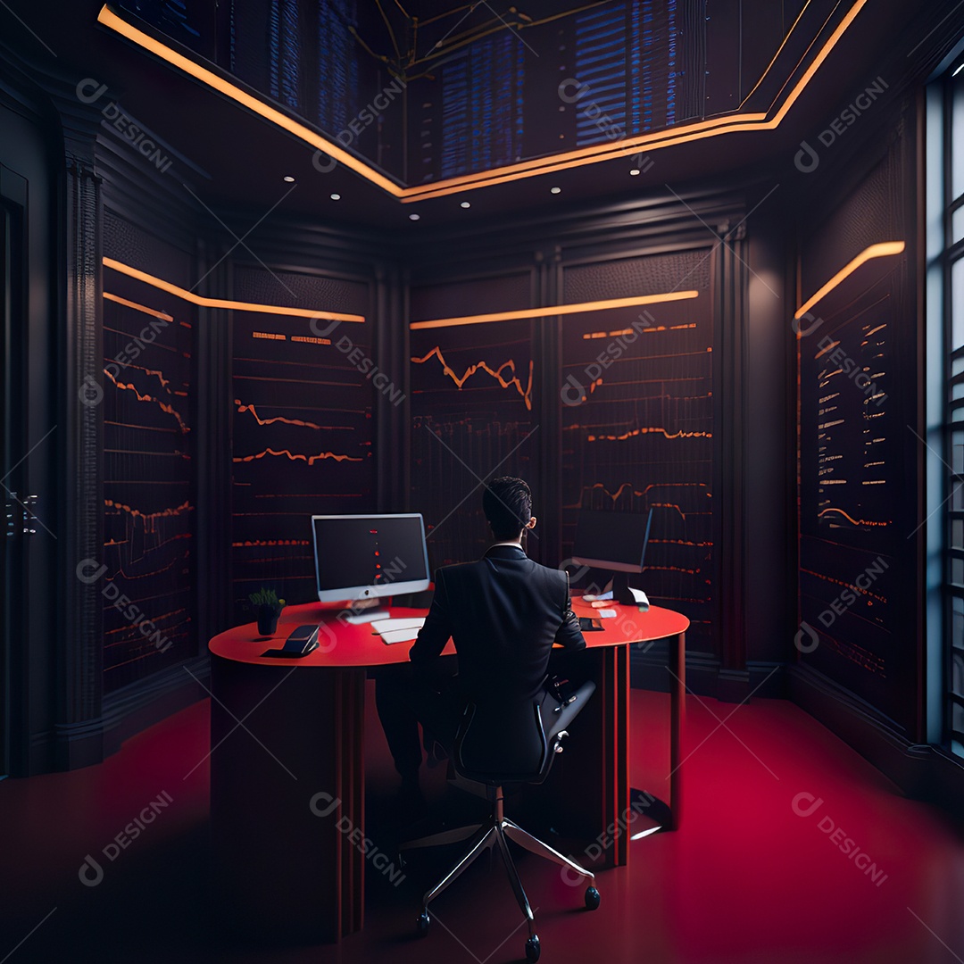 Retrato de realista homem de terno vermelho analisando bolsa de valores