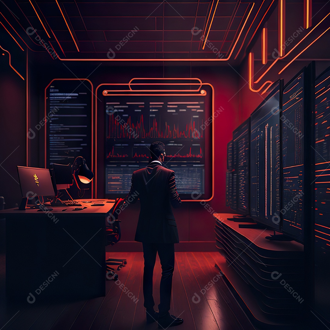 Retrato de realista homem de terno vermelho analisando bolsa de valores