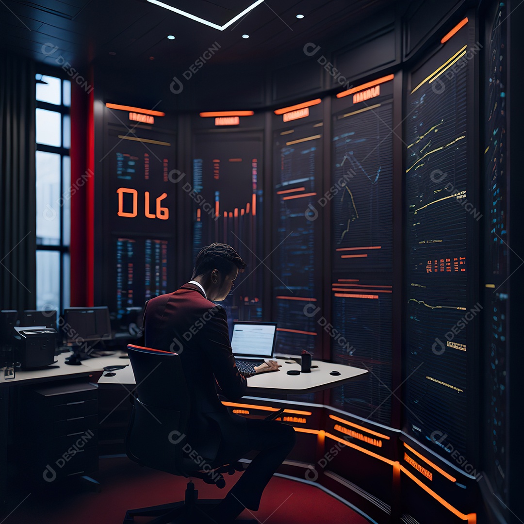 Retrato de realista homem de terno vermelho analisando bolsa de valores