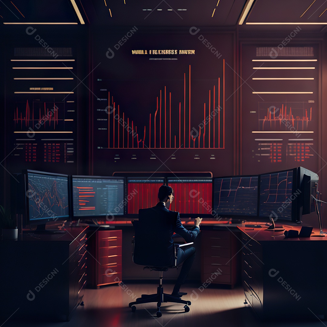 Retrato de realista homem de terno vermelho analisando bolsa de valores