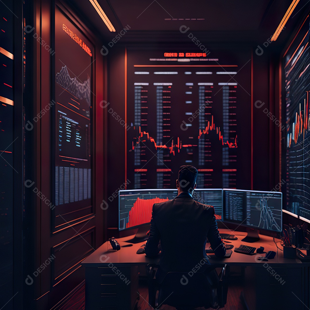 Retrato de realista homem de terno vermelho analisando bolsa de valores